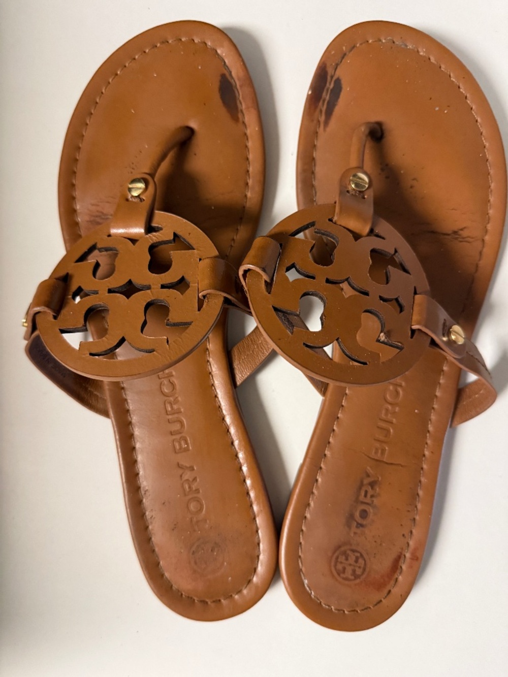 Tory Burch Miller Tan Brown Leather Logo Sandals Size 9.5